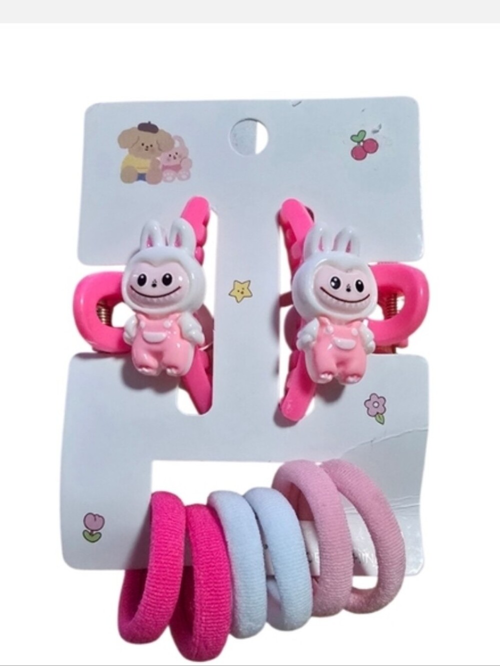 Labubu Pink Bunny Hair Clips and Elastic Band Set - Kids Accessories